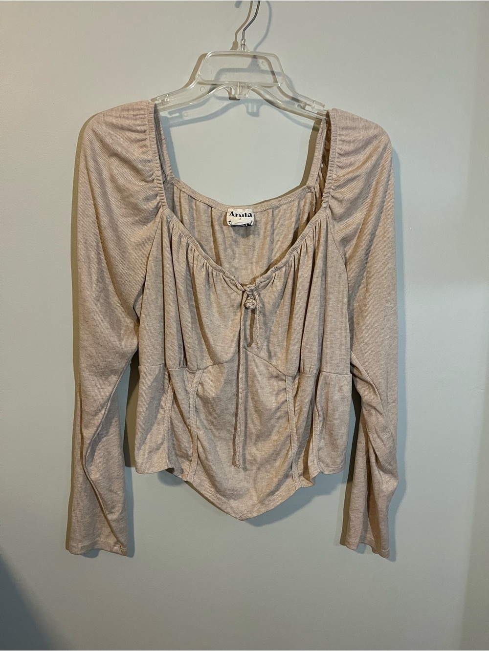 ARULA Beige Ribbed Knit Long Sleeve Tie-Front Peasant Top